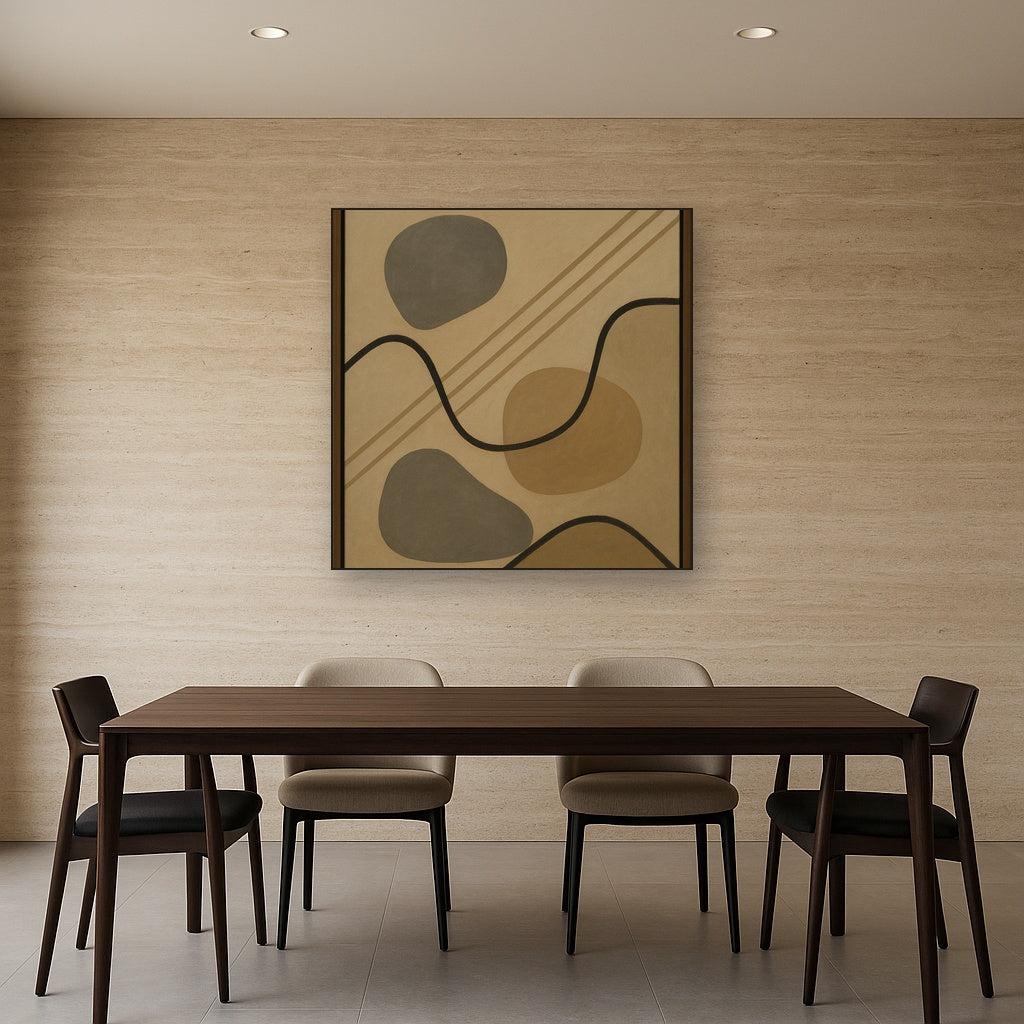 Organic Pebble Contours & Slanted Lines No. 9 Oil Painting Staged Above Dining Room Credenza, Elegant Hand Painted Oil Art for Dining Room Walls