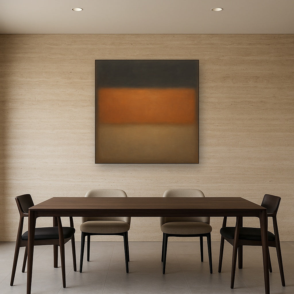 Charcoal Slate & Burnished Copper Horizon No. 27 Oil Painting Staged Above Dining Room Credenza, Elegant Hand Painted Oil Art for Dining Room Walls