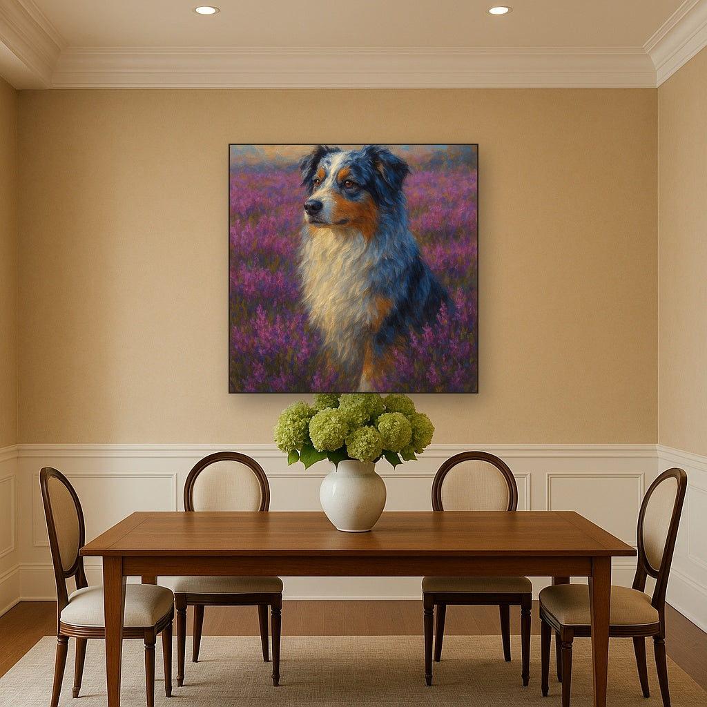 Australian Shepherd in Blooming Heather Field No. 13 Fine Art Oil Painting - View 4