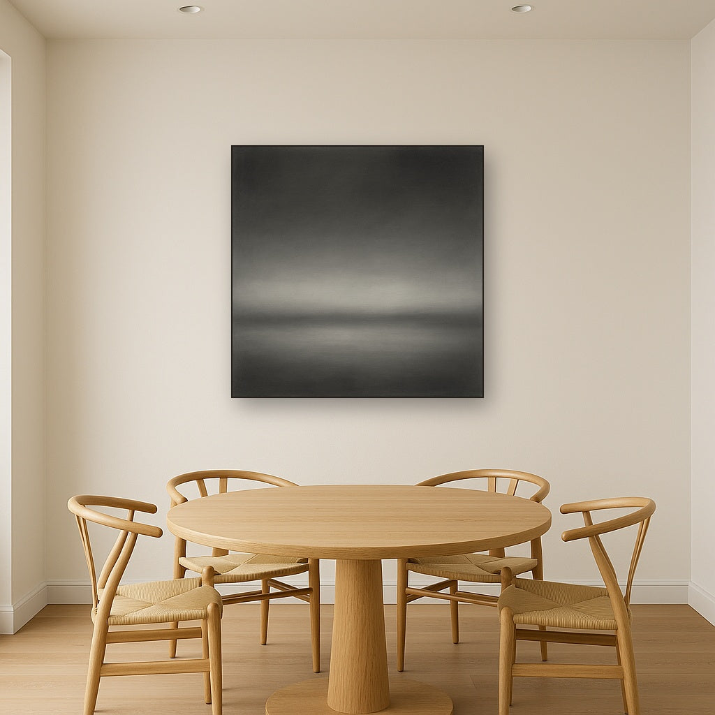 Monochrome Charcoal Drift & Soft Sfumato Horizon No. 15 Oil Painting Staged Above Dining Room Credenza, Elegant Hand Painted Oil Art for Dining Room Walls