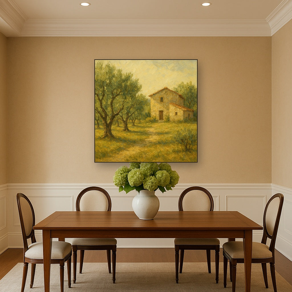 Vintage Olive Grove & Stone Farmhouse Oil Painting - Styled in Elegant Dining Room