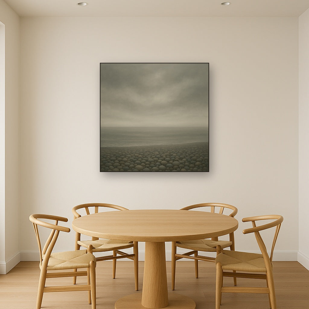 Overcast Coastal Fog & Wet Pebble Shingle No. 14 Oil Painting Staged Above Dining Room Credenza, Elegant Hand Painted Oil Art for Dining Room Walls