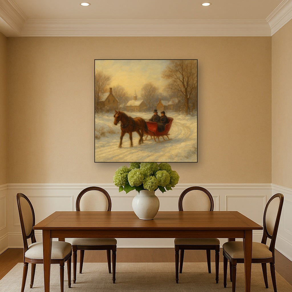 Horse-Drawn Sleigh on Village Snow Road Oil Painting - View 4