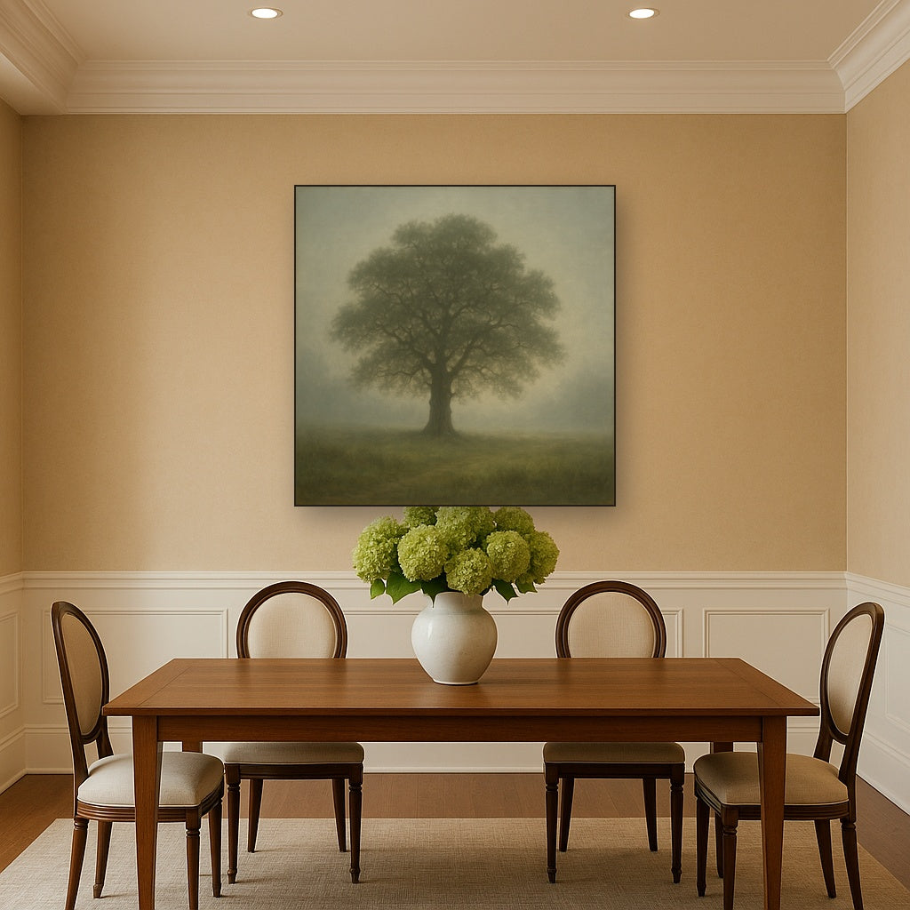 Ancient Solitary Oak in Morning Fog No. 4 Oil Painting - View 4