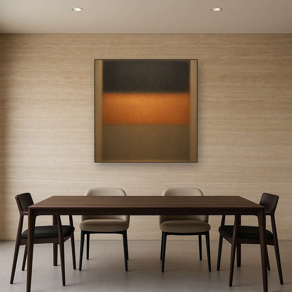 Charcoal Slate & Burnished Copper Horizon No. 23 Oil Painting Staged Above Dining Room Credenza, Elegant Hand Painted Oil Art for Dining Room Walls