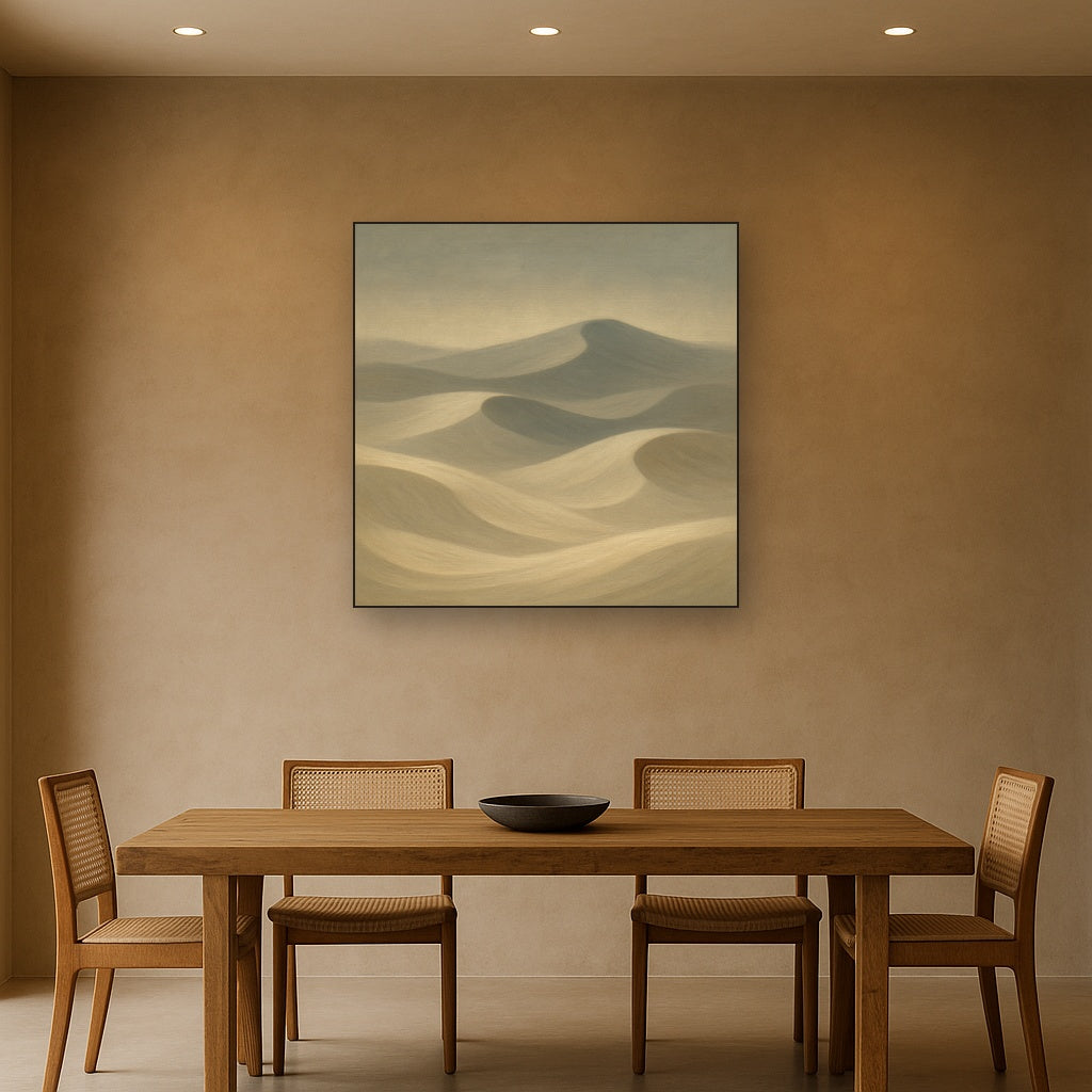 Monochrome Sand Dune Contours & Pale Slate No. 17 Oil Painting Staged Above Dining Room Credenza, Elegant Hand Painted Oil Art for Dining Room Walls