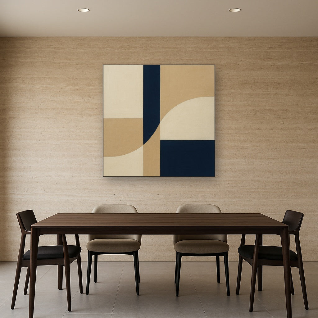 Navy & Warm Beige Geometric Line Balance No. 5 Fine Art Oil Painting - View 4