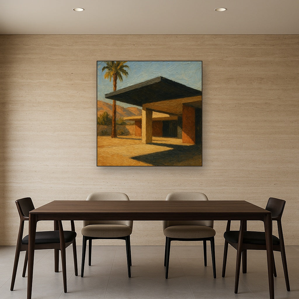 Palm Springs Modernist Pavilion Shadow No. 8 Oil Painting - Styled in Elegant Dining Room