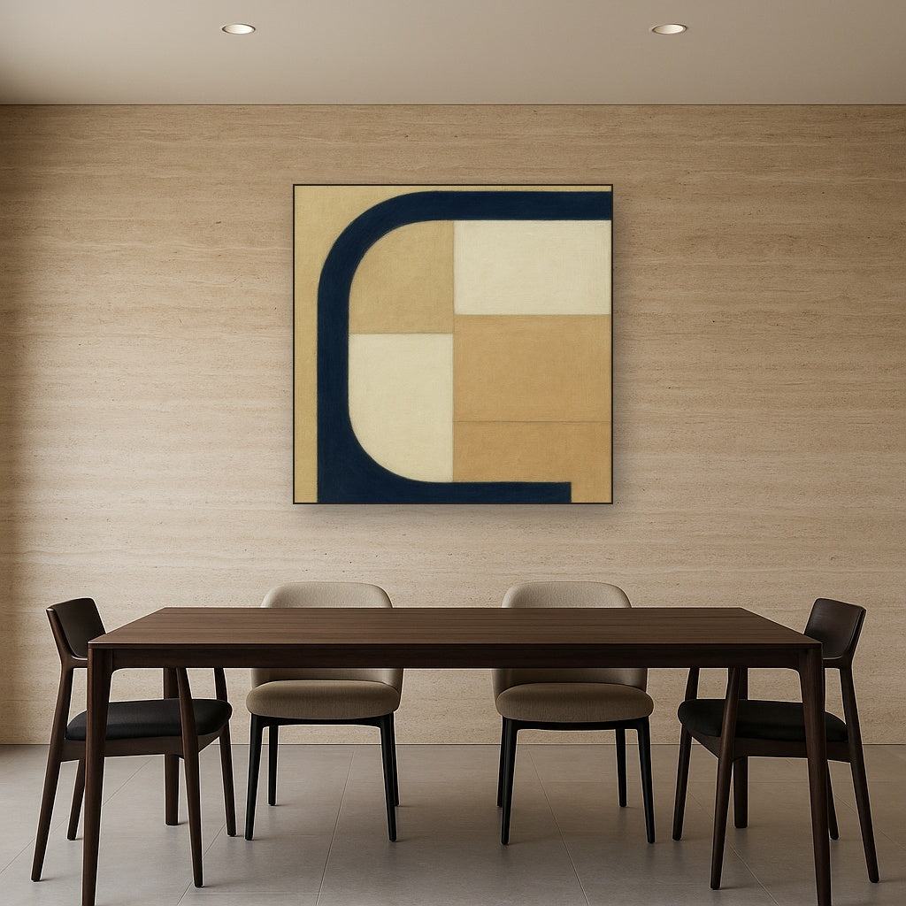 Navy & Warm Beige Geometric Line Balance No. 7 Fine Art Oil Painting - View 4