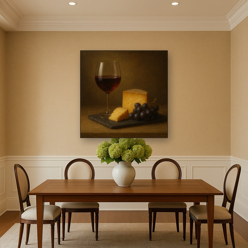 Burgundy Wine Glass & Aged Cheese Board No. 6 Oil Painting - View 4
