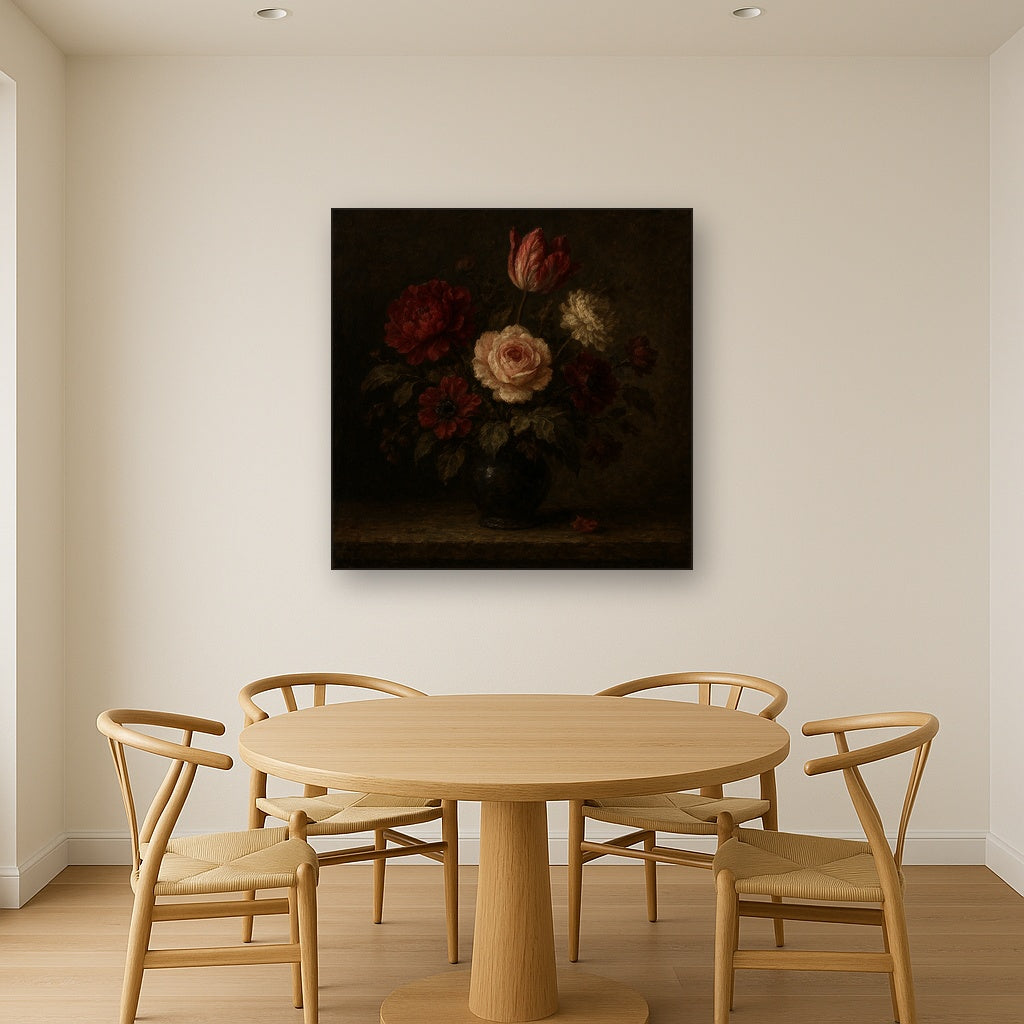 Dutch Golden Age Moody Floral Still Life No. 2 Oil Painting - Styled in Elegant Dining Room