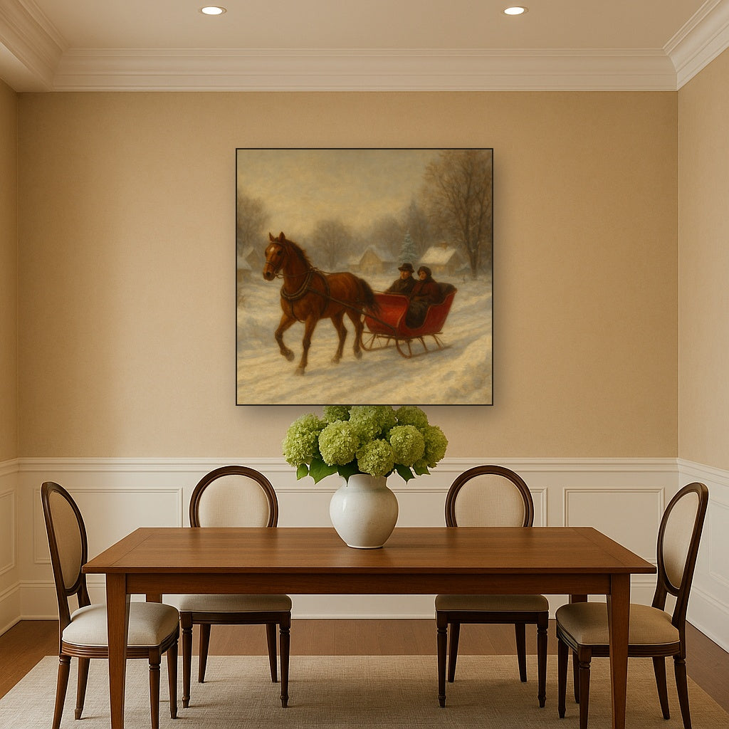 Horse-Drawn Sleigh on Village Snow Road No. 3 Oil Painting - View 4