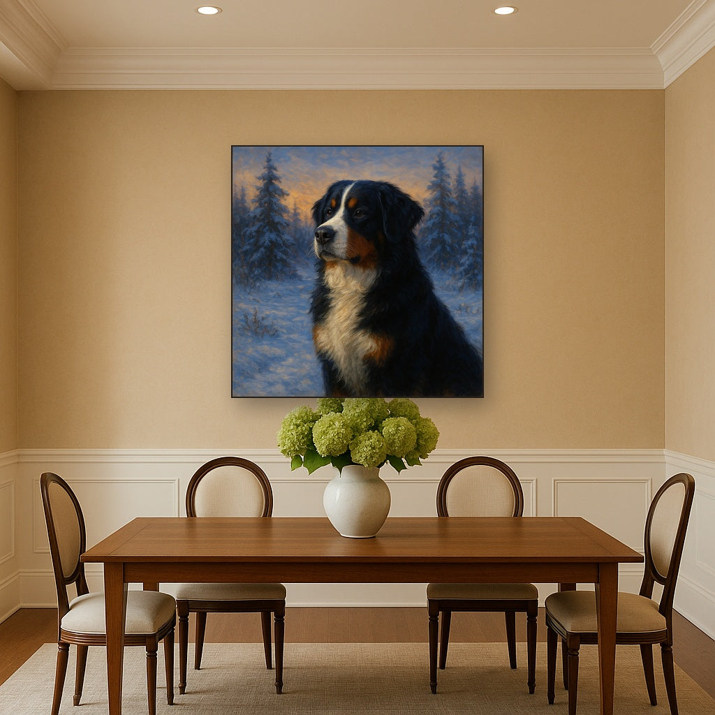 Bernese Mountain Dog in Winter Snowscape No. 17 Fine Art Oil Painting - View 4