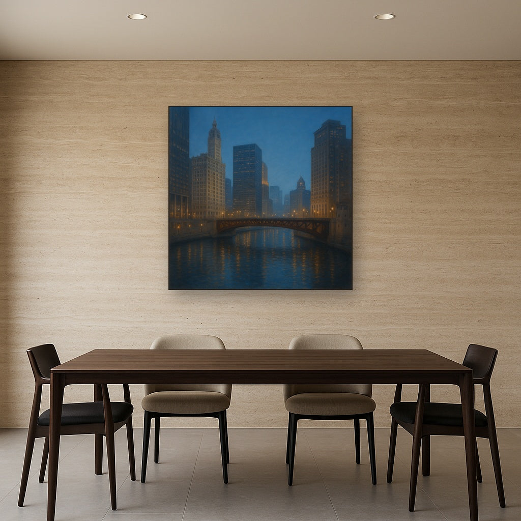 Chicago Riverfront Architecture at Blue Hour No. 6 Oil Painting - View 4