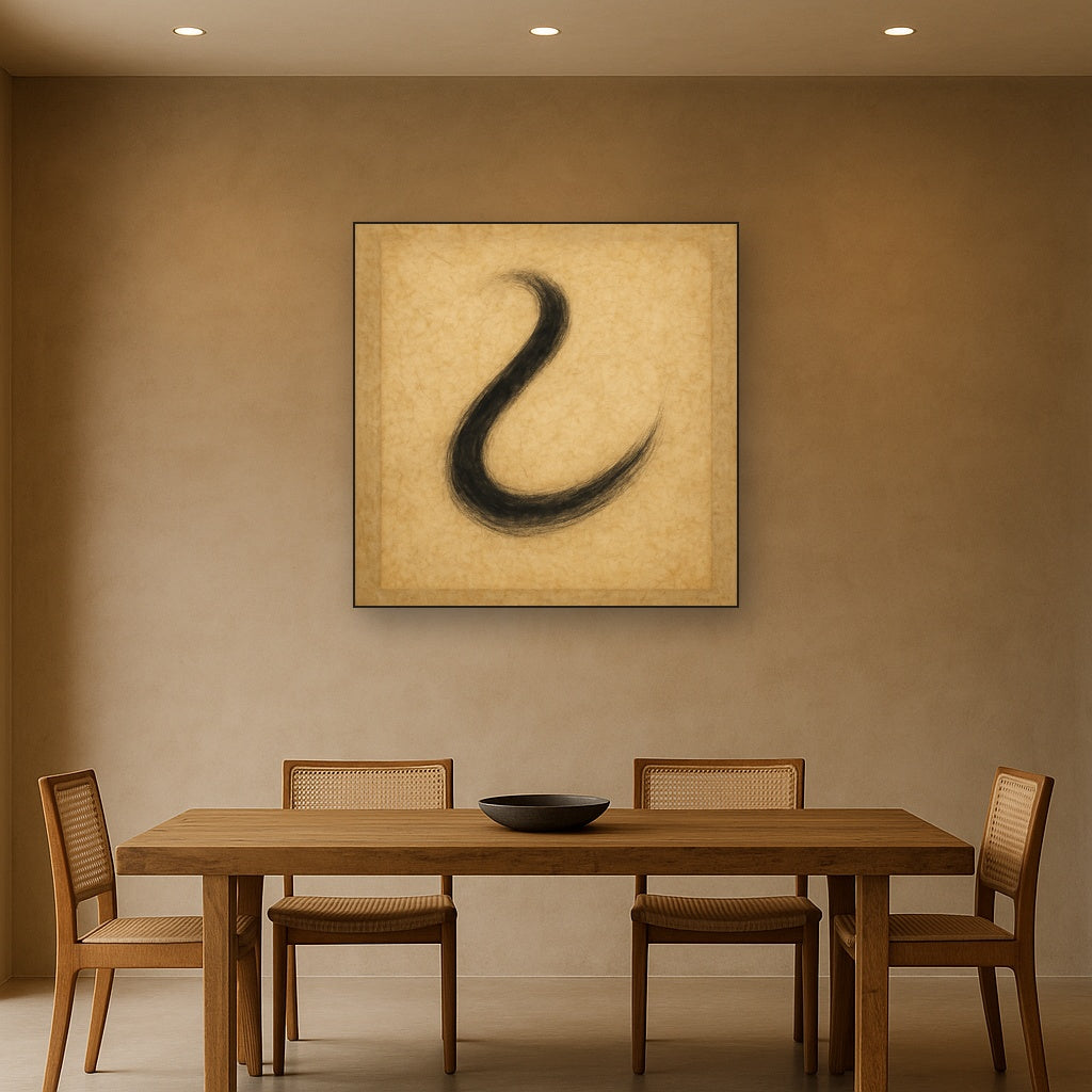 Aged Rice Paper & Charcoal Calligraphic Balance No. 8 Oil Painting Staged Above Dining Room Credenza, Elegant Hand Painted Oil Art for Dining Room Walls