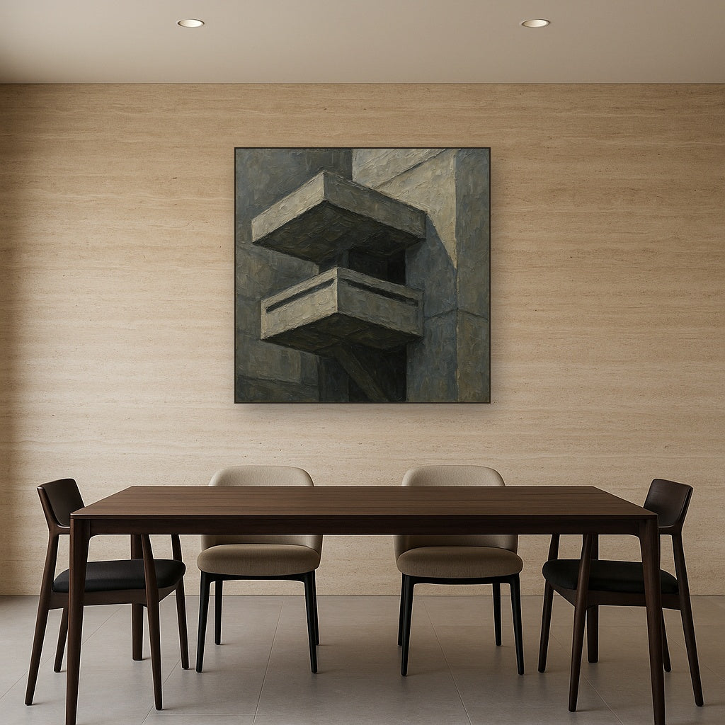 Brutalist Cantilevered Balcony Study No. 3 Oil Painting - Styled in Elegant Dining Room