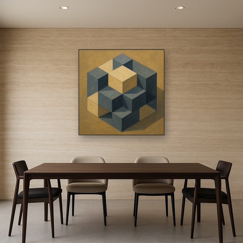 Isometric Modernist Cube Abstraction No. 6 Oil Painting - Styled in Elegant Dining Room