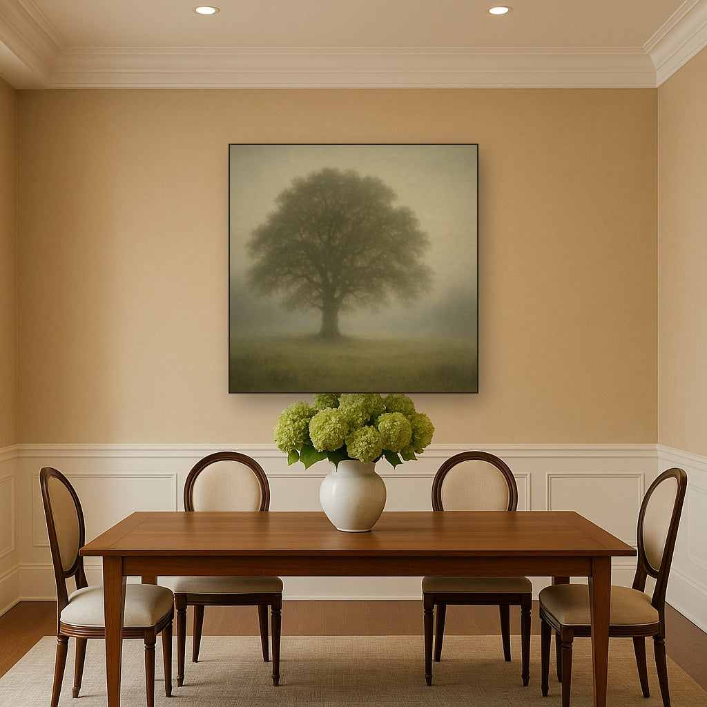Ancient Solitary Oak in Morning Fog No. 9 Oil Painting - View 4