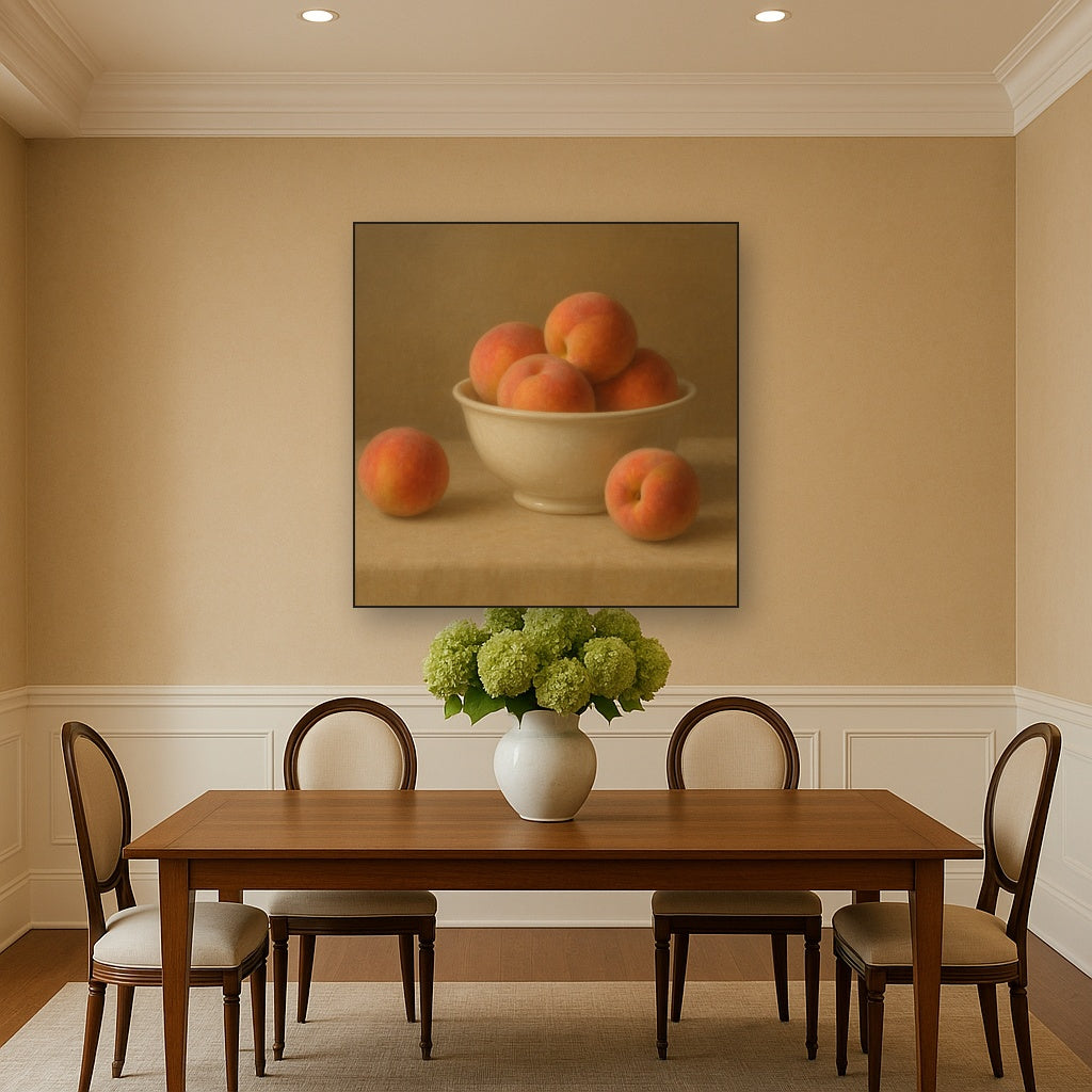 Heirloom Peaches & White Ceramic Bowl No. 2 Oil Painting Staged Above Dining Room Credenza, Elegant Hand Painted Oil Art for Dining Room Walls
