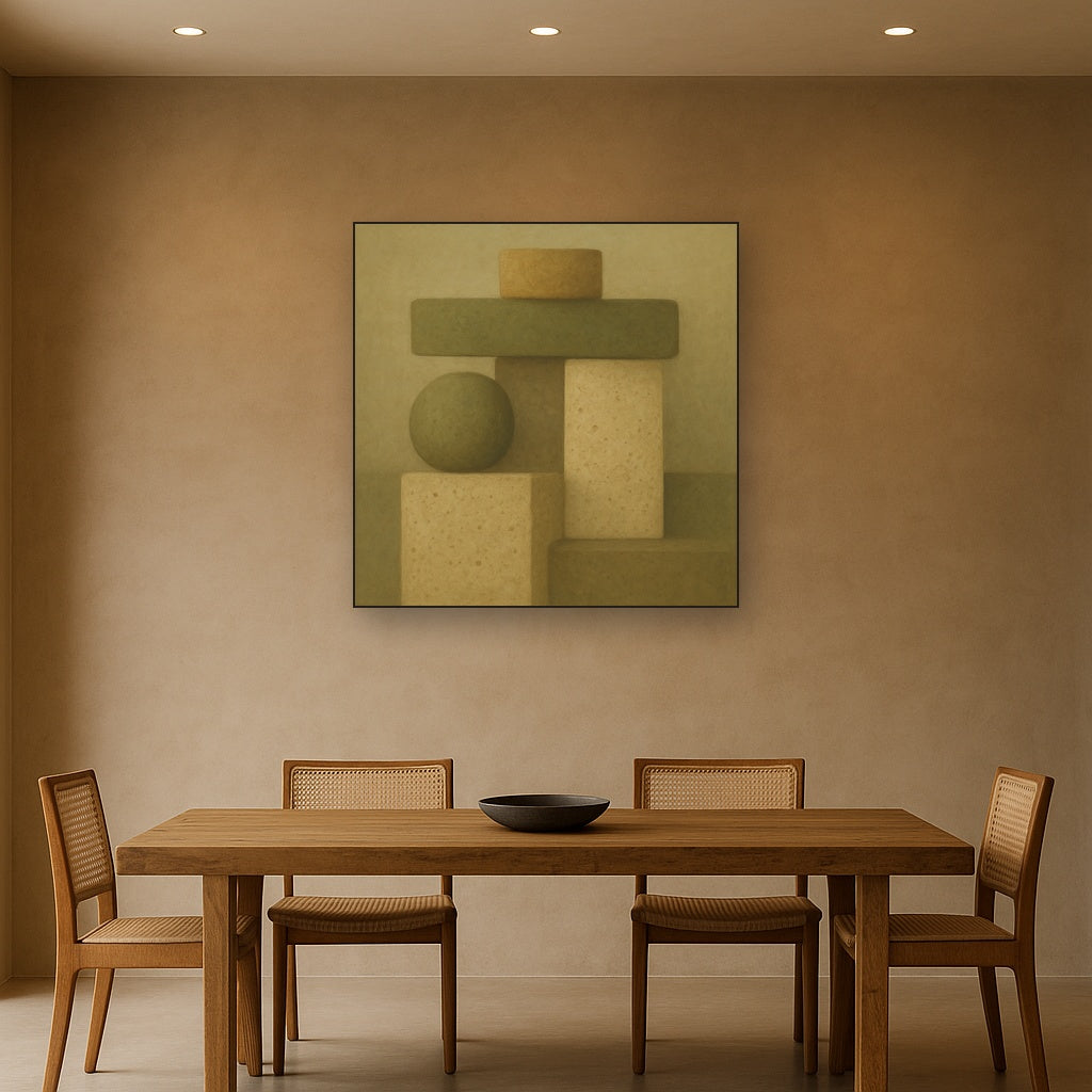 Muted Olive & Sandstone Geometric Balance No. 9 Oil Painting - View 4