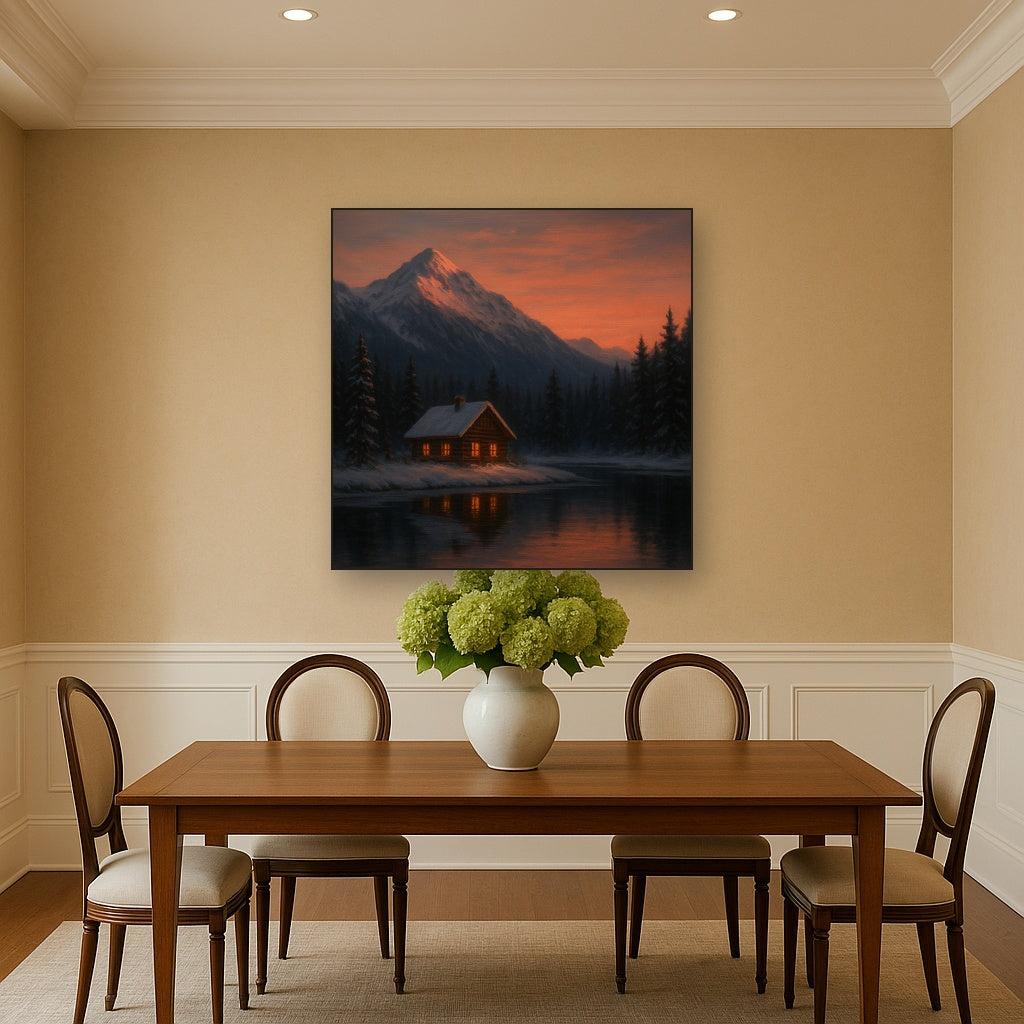 Winter Solstice Mountain Cabin Reflection No. 8 Oil Painting - View 4