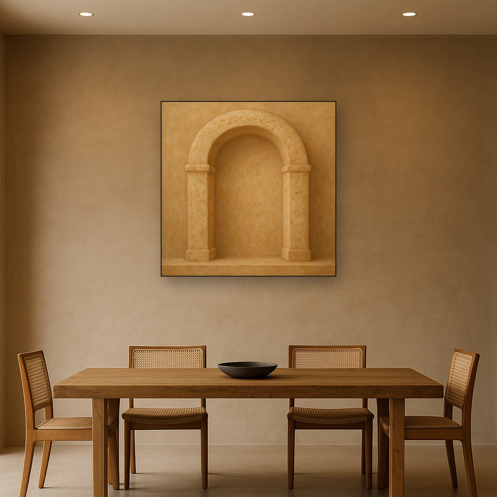 Travertine Stone Arch & Earth Tones No. 6 Oil Painting Staged Above Dining Room Credenza, Elegant Hand Painted Oil Art for Dining Room Walls