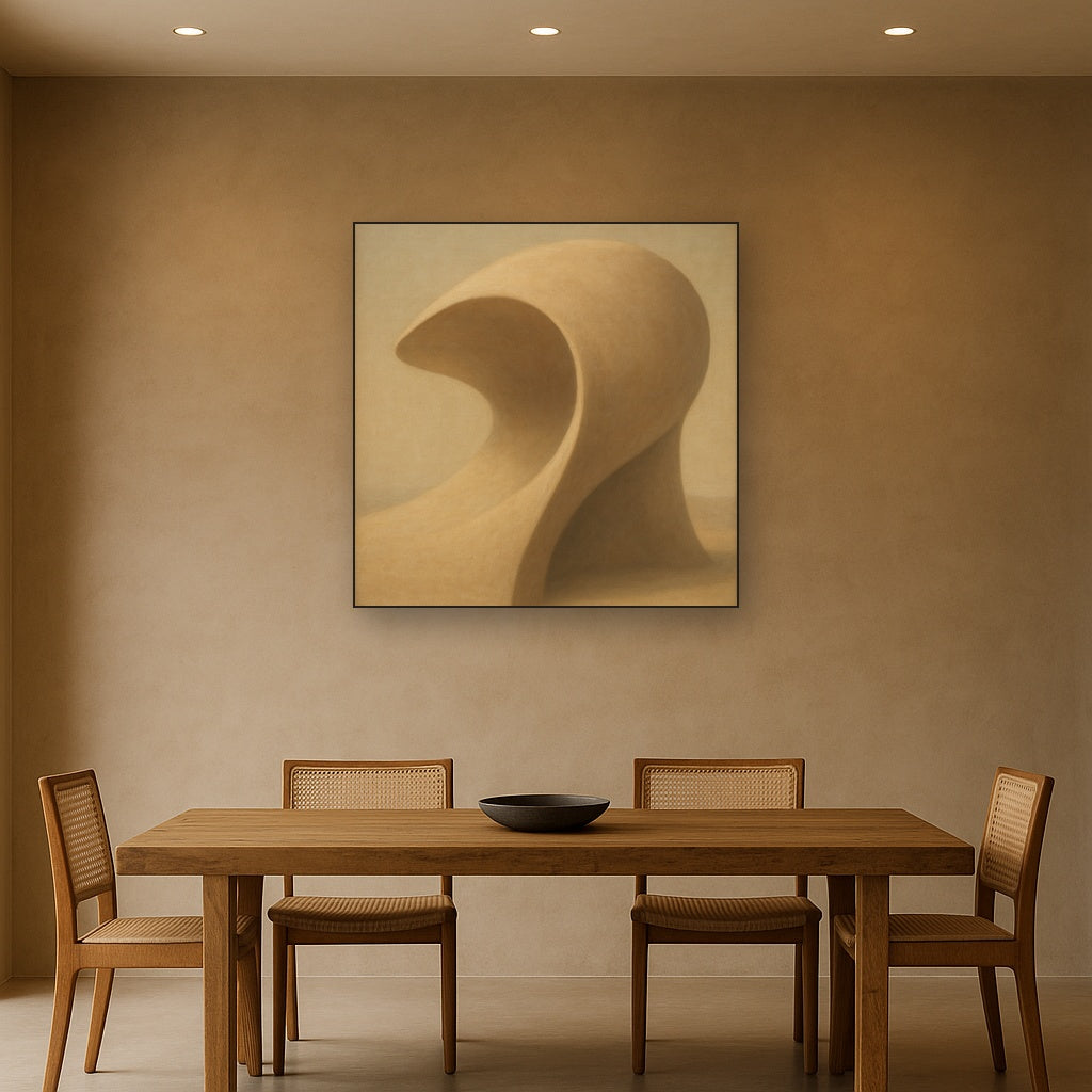 Soft Architectural Curve in Desert Bone No. 10 Oil Painting Staged Above Dining Room Credenza, Elegant Hand Painted Oil Art for Dining Room Walls