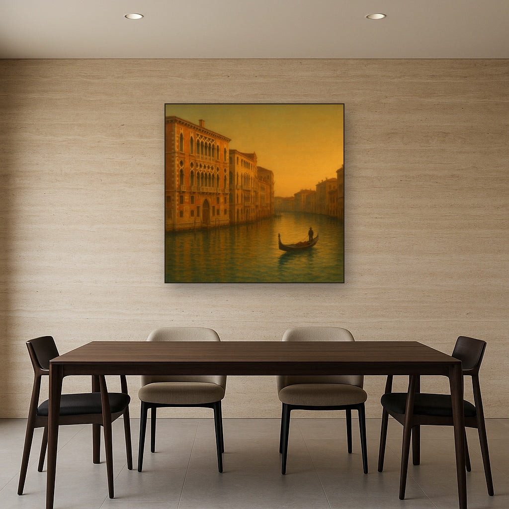 Venetian Canal Palaces at Golden Hour No. 28 Oil Painting Staged Above Dining Room Credenza, Elegant Hand Painted Oil Art for Dining Room Walls