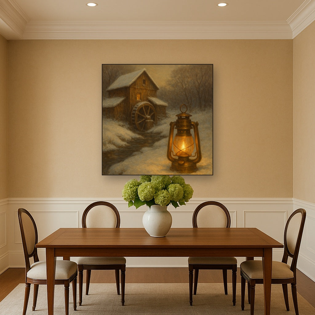 Snowy Mill Stream & Glowing Lantern No. 5 Oil Painting - View 4