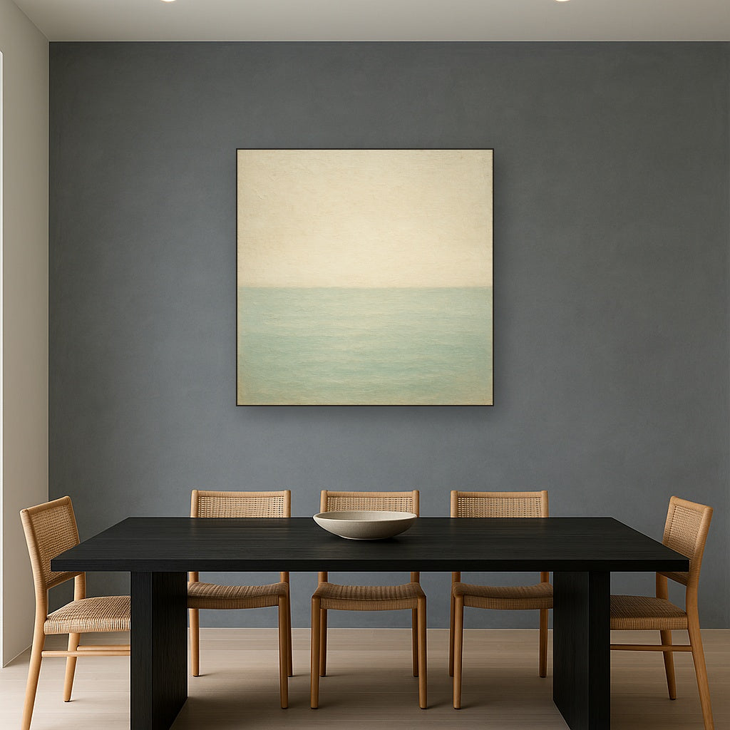 Atmospheric Coastal Horizon Oil Painting - Styled in Elegant Dining Room