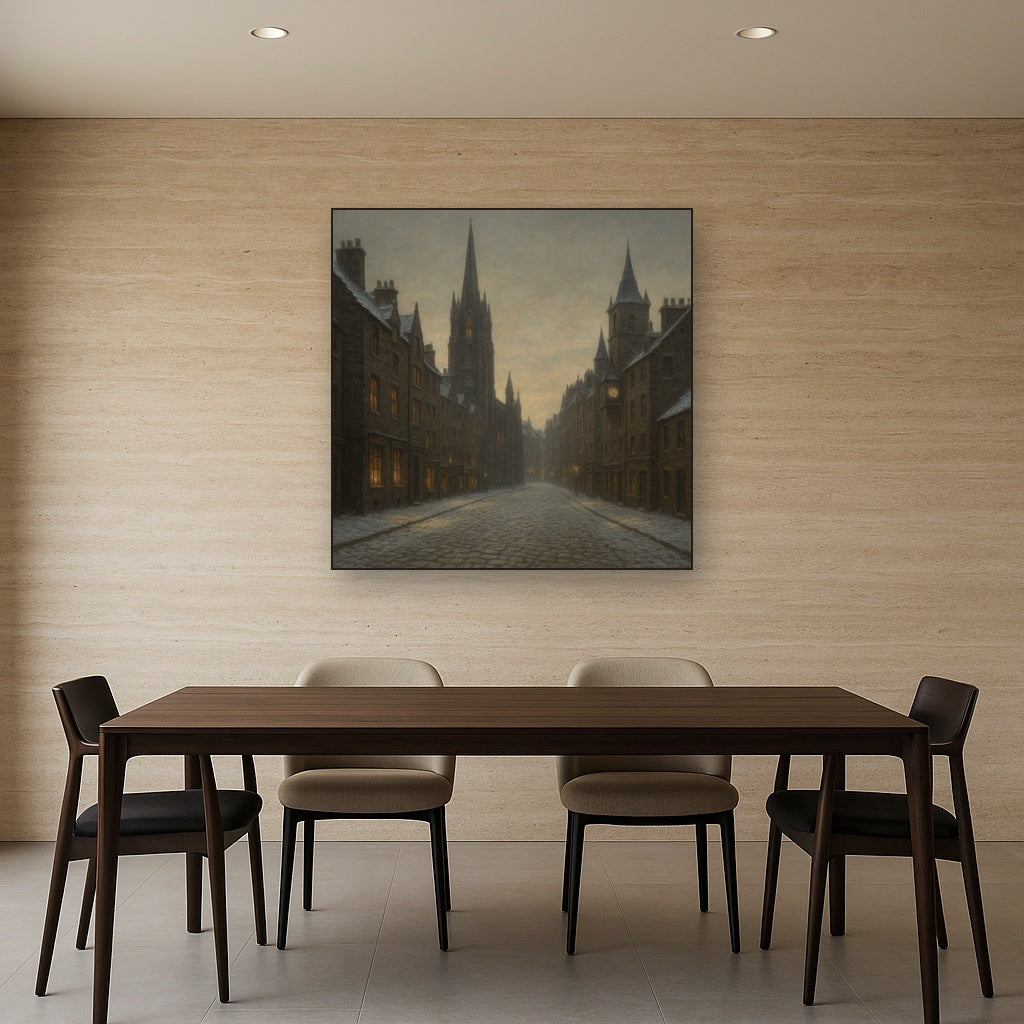 Edinburgh Old Town Royal Mile in Snow No. 26 Oil Painting Staged Above Dining Room Credenza, Elegant Hand Painted Oil Art for Dining Room Walls