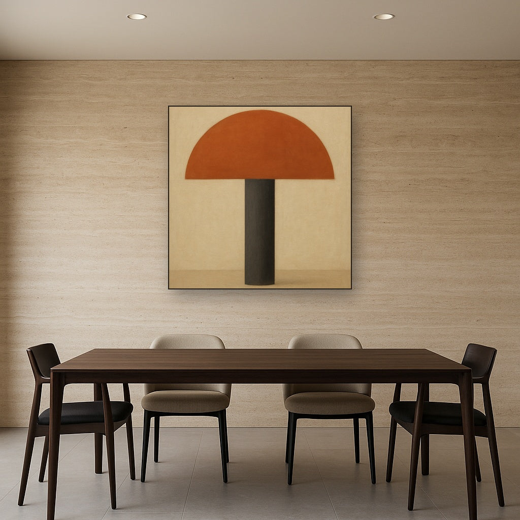Semicircle Horizon & Minimalist Pillar Oil Painting Staged Above Dining Room Credenza, Elegant Hand Painted Oil Art for Dining Room Walls