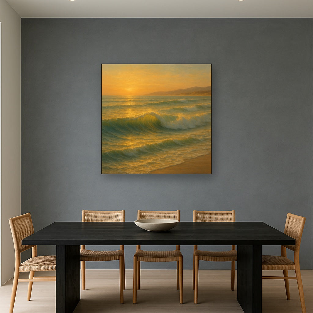 Golden Hour Sunlight on Ocean Swells No. 9 Oil Painting Staged Above Dining Room Credenza, Elegant Hand Painted Oil Art for Dining Room Walls