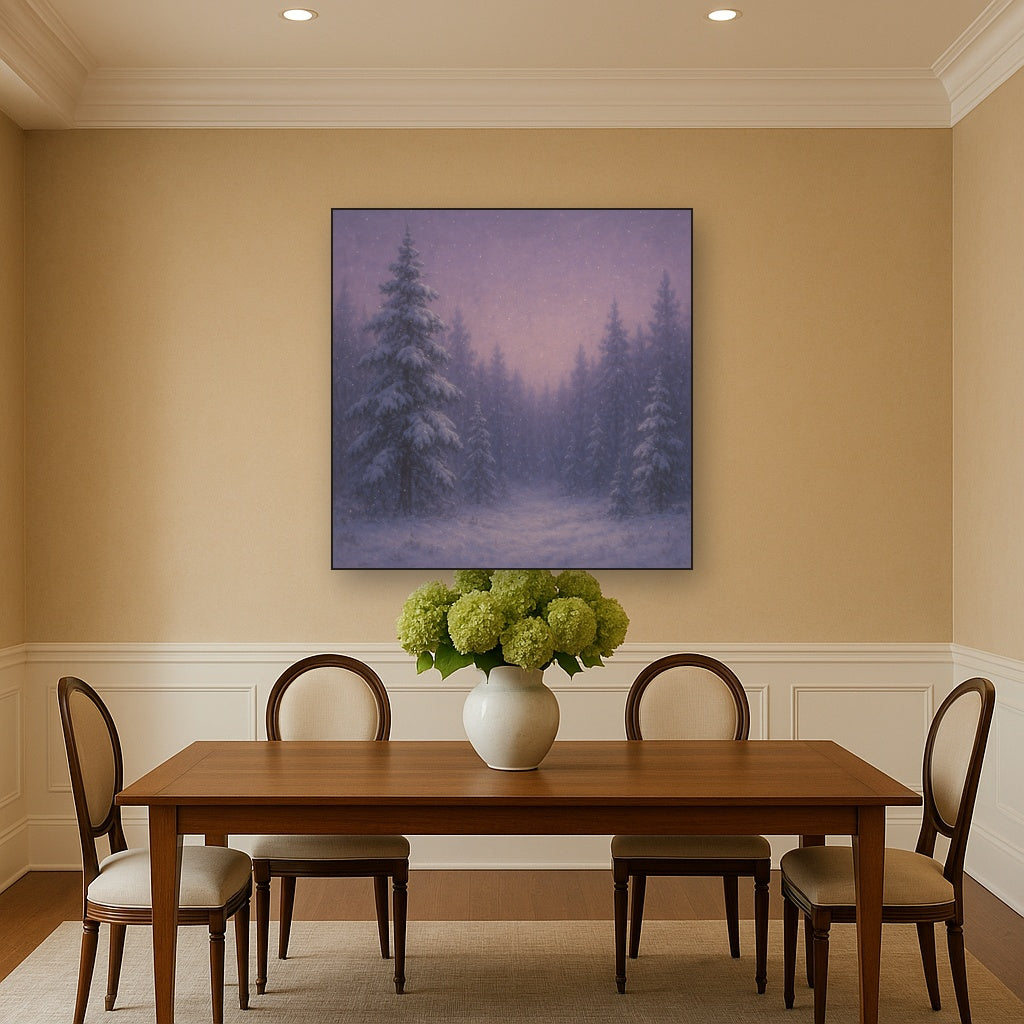 Quiet Pine Forest in Gentle Twilight Snow No. 7 Oil Painting Staged Above Dining Room Credenza, Elegant Hand Painted Oil Art for Dining Room Walls