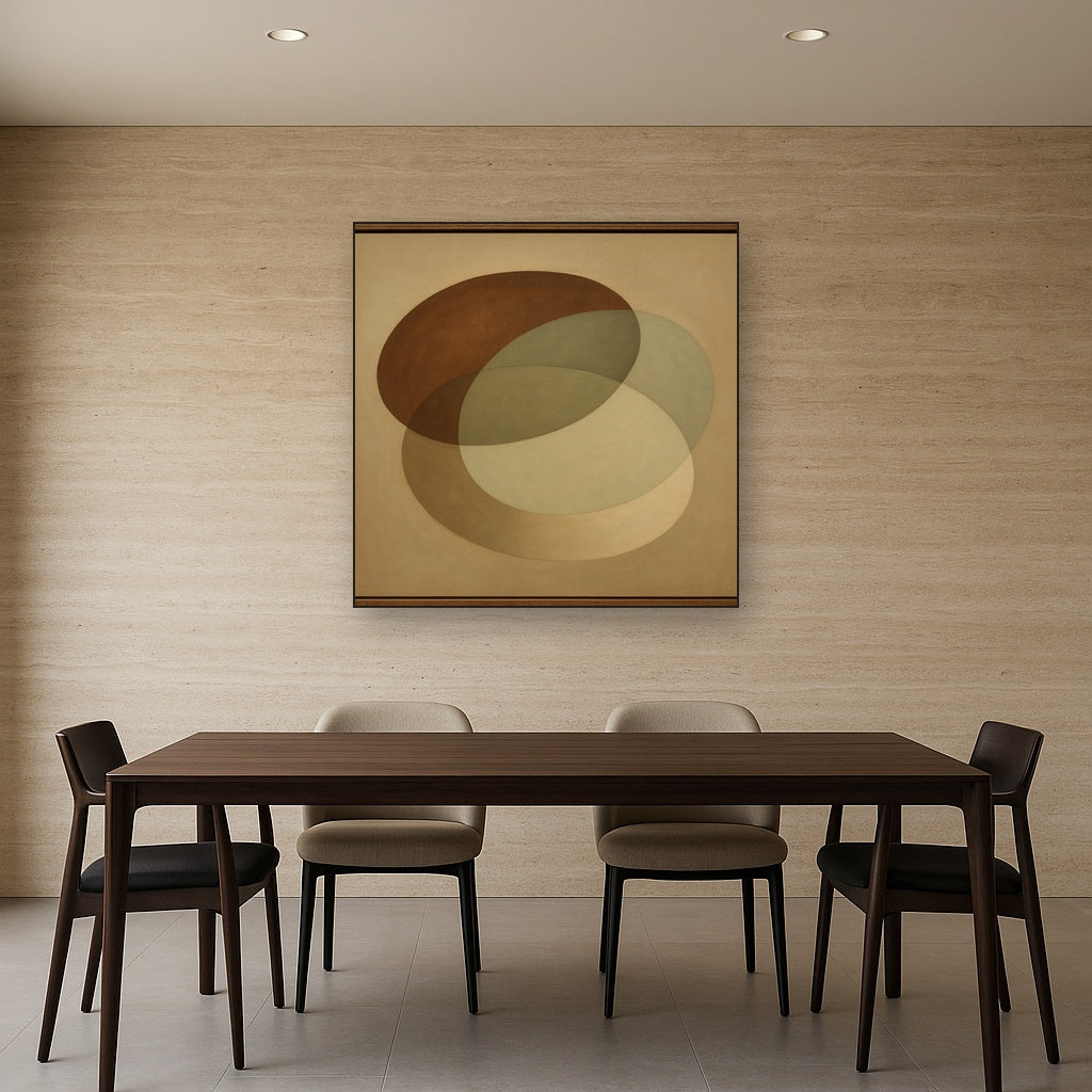Floating Ellipse Harmony in Walnut & Pale Sage No. 23 Oil Painting Staged Above Dining Room Credenza, Elegant Hand Painted Oil Art for Dining Room Walls