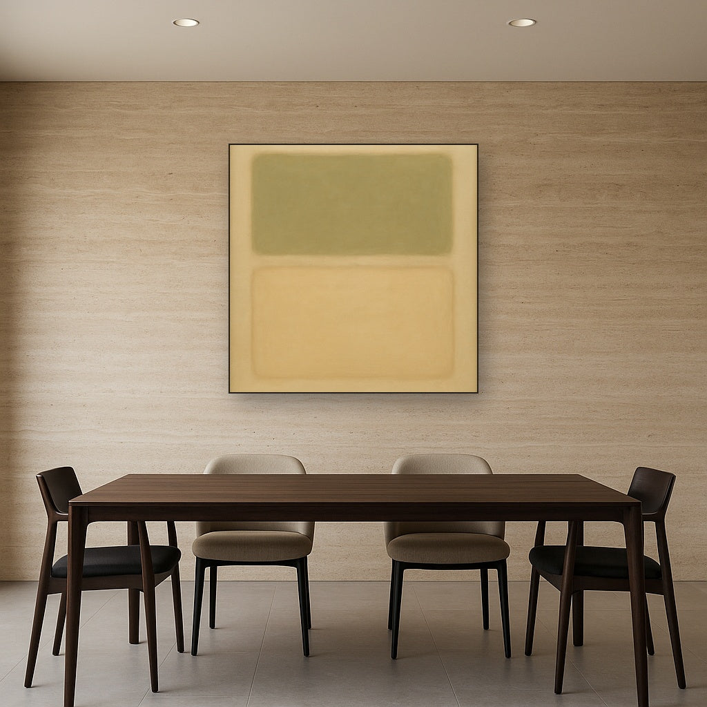 Sage Olive & Pale Sandstone Minimalist Harmony No. 16 Oil Painting Staged Above Dining Room Credenza, Elegant Hand Painted Oil Art for Dining Room Walls