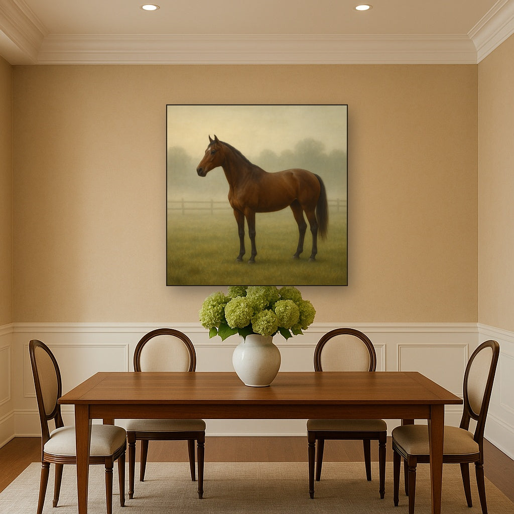 Thoroughbred in Morning Pasture Mist No. 8 Oil Painting Staged Above Dining Room Credenza, Elegant Hand Painted Oil Art for Dining Room Walls