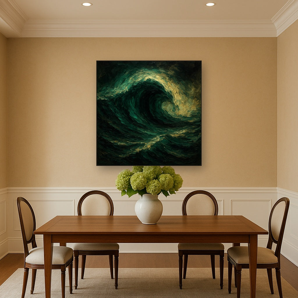 Deep Emerald & Obsidian Swell No. 5 Oil Painting - Styled in Elegant Dining Room