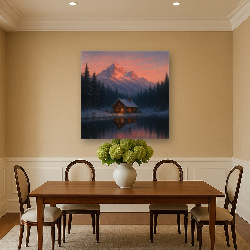 Winter Solstice Mountain Cabin Reflection No. 10 Oil Painting - View 4