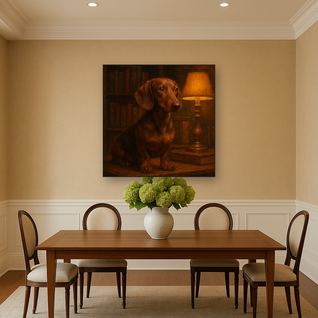 Smooth Dachshund in Moody Library Study No. 15 Fine Art Oil Painting - View 4