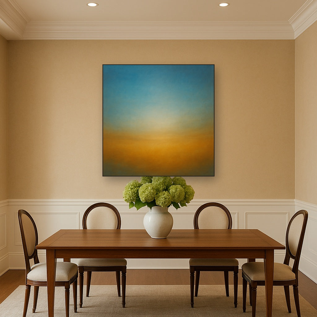 Celestial Azure & Warm Ochre Equilibrium Oil Painting Staged Above Dining Room Credenza, Elegant Hand Painted Oil Art for Dining Room Walls