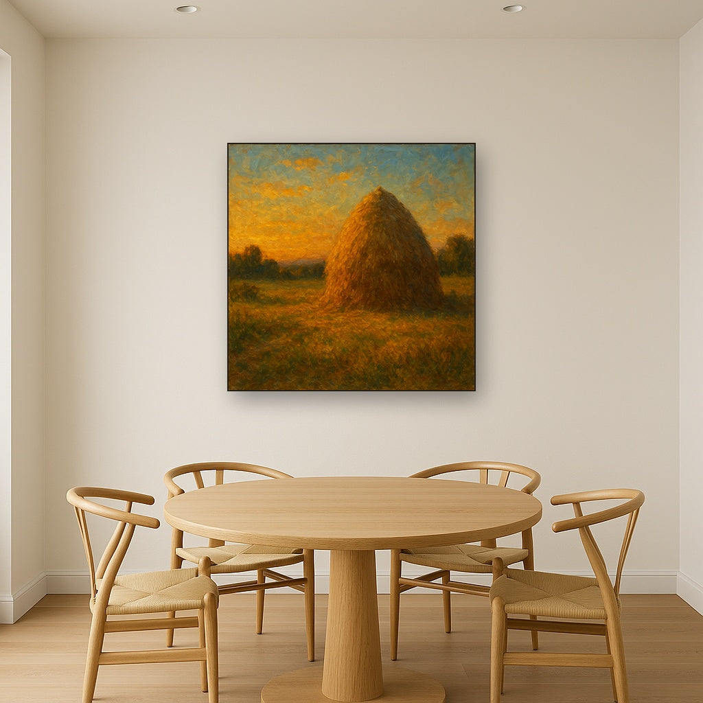 Rustic Countryside Haystack at Sunset No. 4 Oil Painting - Styled in Elegant Dining Room