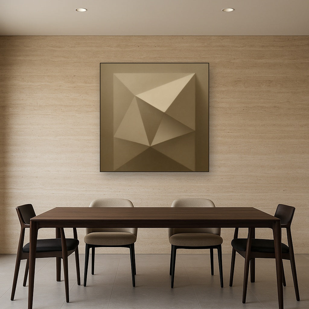 Folded Paper Geometry in Neutral Gradient Shadows No. 20 Oil Painting Staged Above Dining Room Credenza, Elegant Hand Painted Oil Art for Dining Room Walls