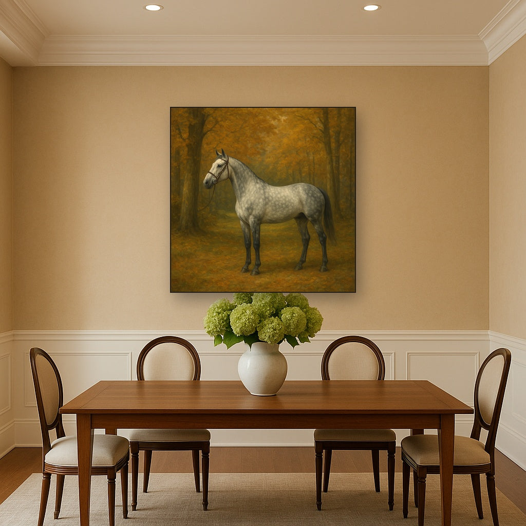 Dappled Grey Hunter in Autumn Woodland No. 7 Oil Painting Staged Above Dining Room Credenza, Elegant Hand Painted Oil Art for Dining Room Walls