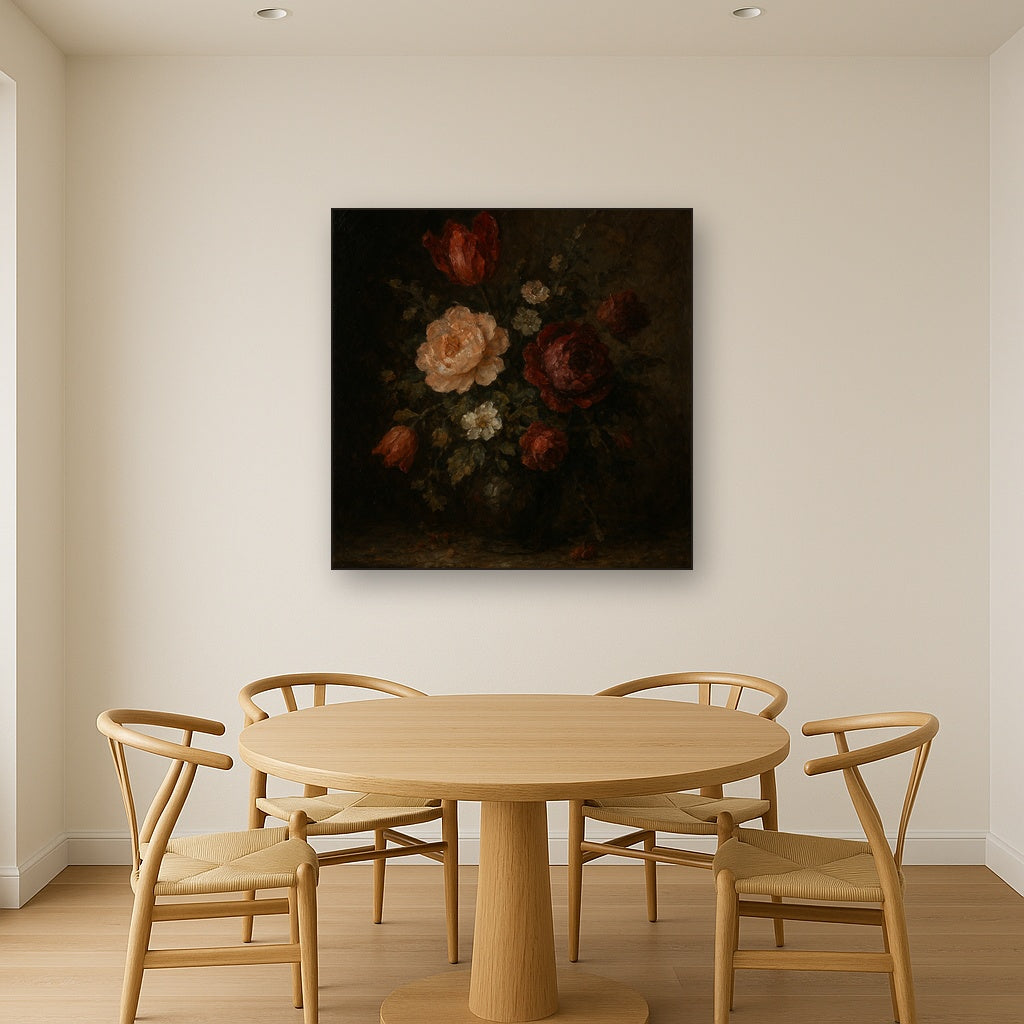 Dutch Golden Age Moody Floral Still Life No. 4 Oil Painting - Styled in Elegant Dining Room