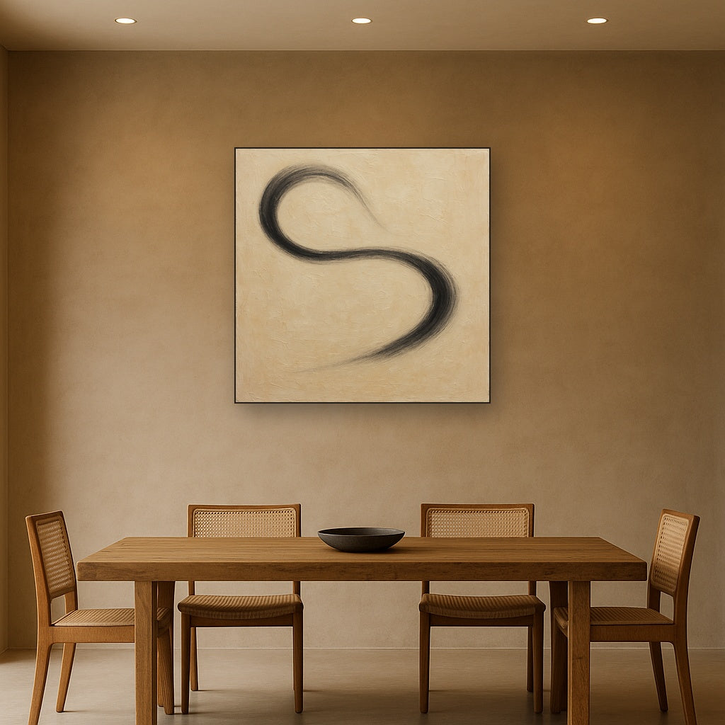 Subtle Linear Flow Minimalist Oil Painting - Styled in Elegant Dining Room