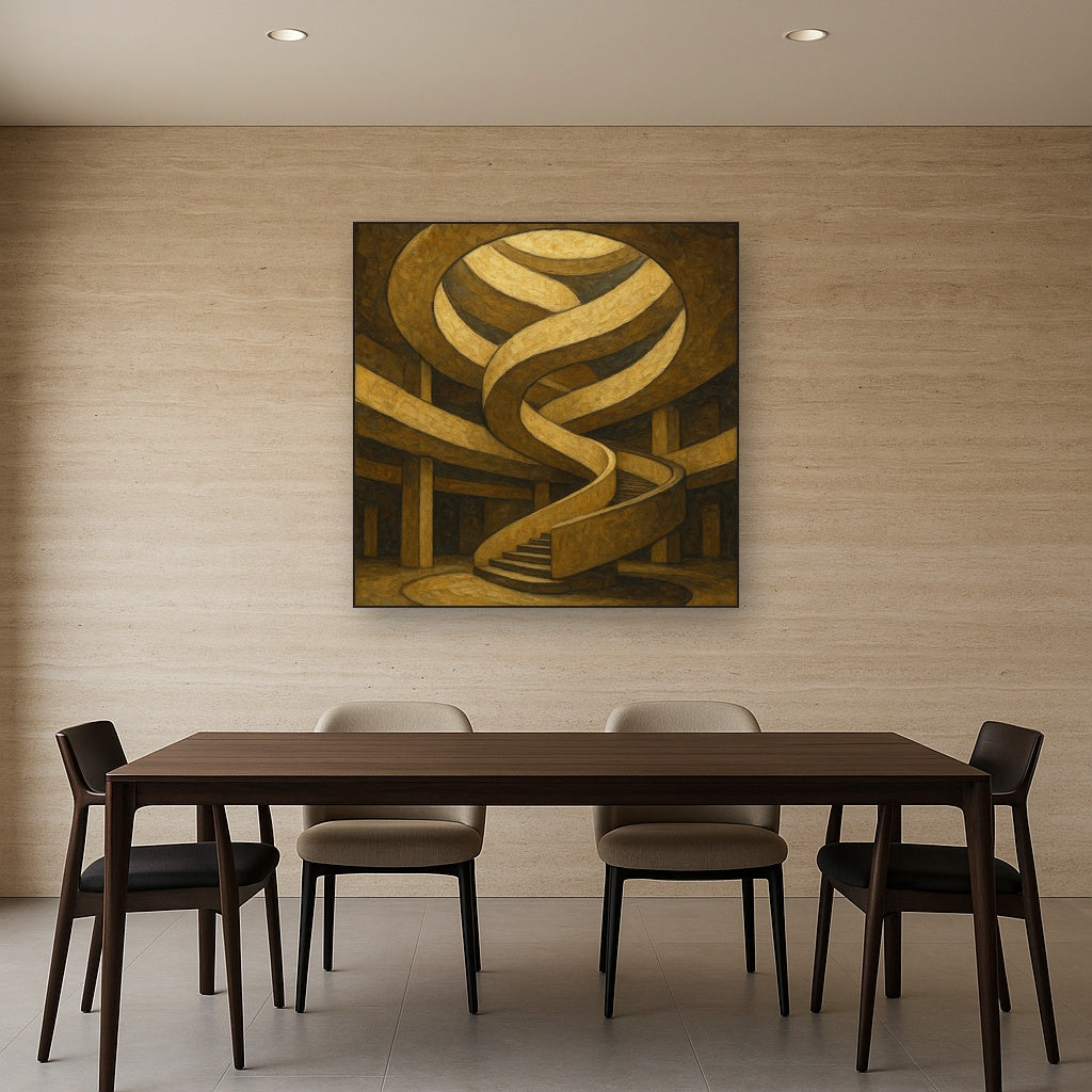 Travertine Spiral Atrium Perspective No. 4 Oil Painting - Styled in Elegant Dining Room