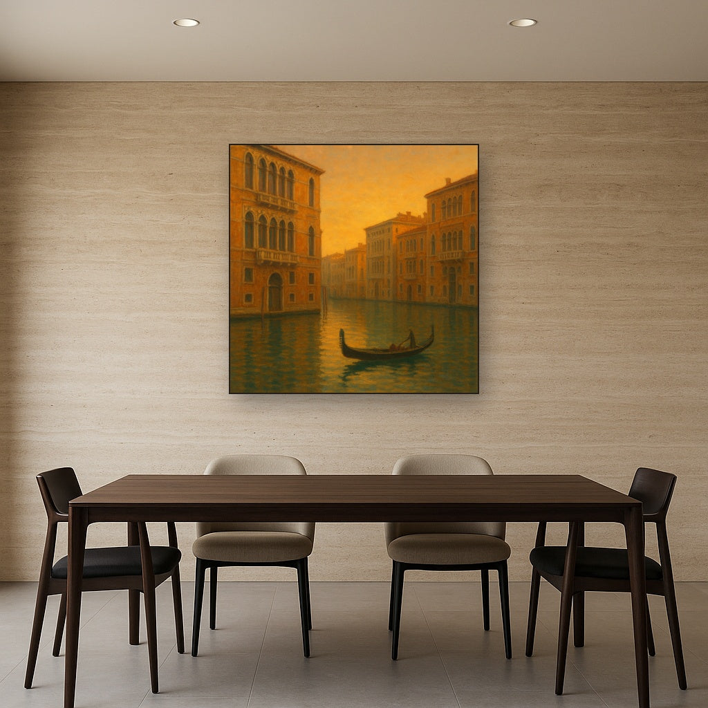 Venetian Canal Palaces at Golden Hour No. 3 Oil Painting Staged Above Dining Room Credenza, Elegant Hand Painted Oil Art for Dining Room Walls
