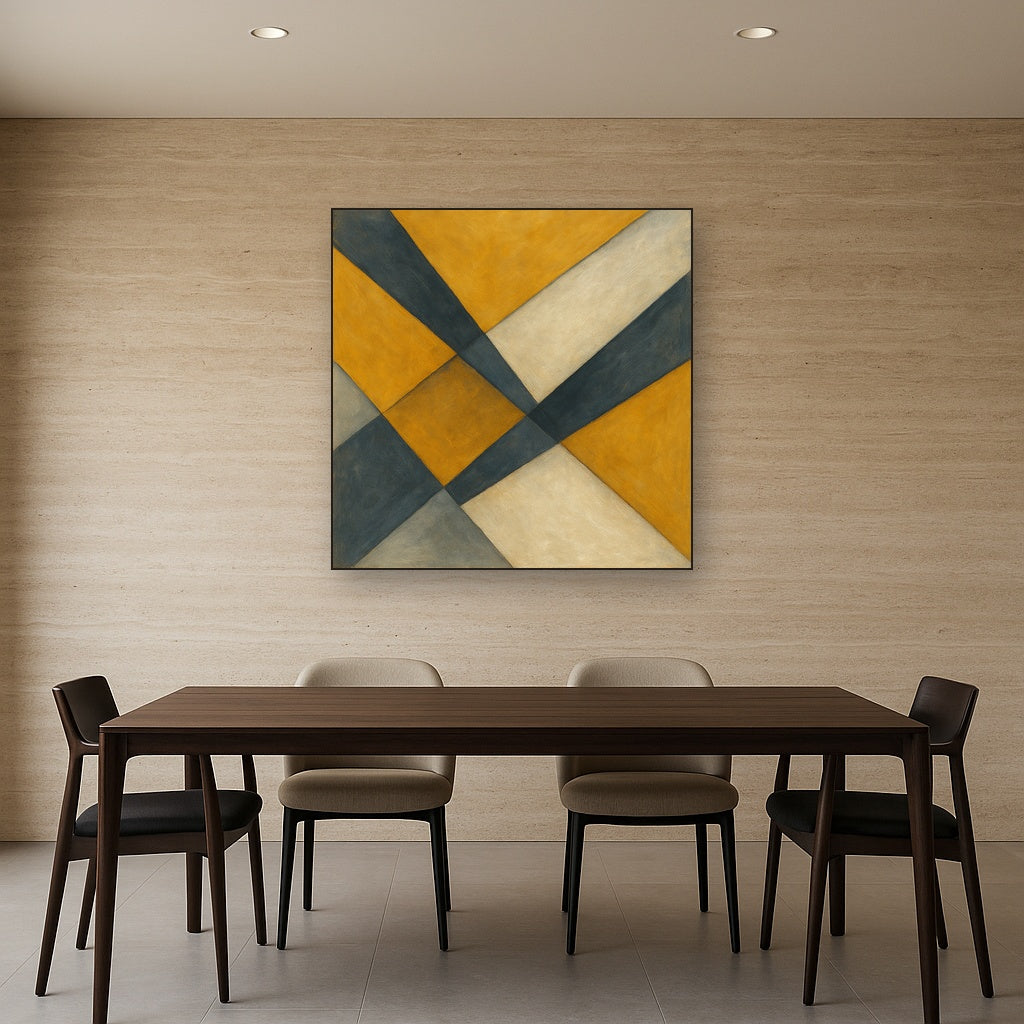 Geometric Intersection Modern Abstract Oil Painting - Styled in Elegant Dining Room