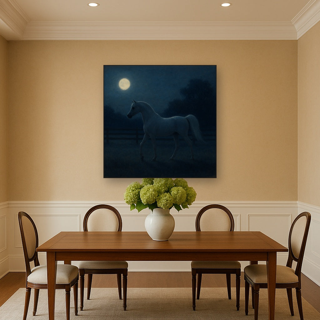 Moonlit Paddock with White Arabian Silhouette No. 3 Oil Painting Staged Above Dining Room Credenza, Elegant Hand Painted Oil Art for Dining Room Walls